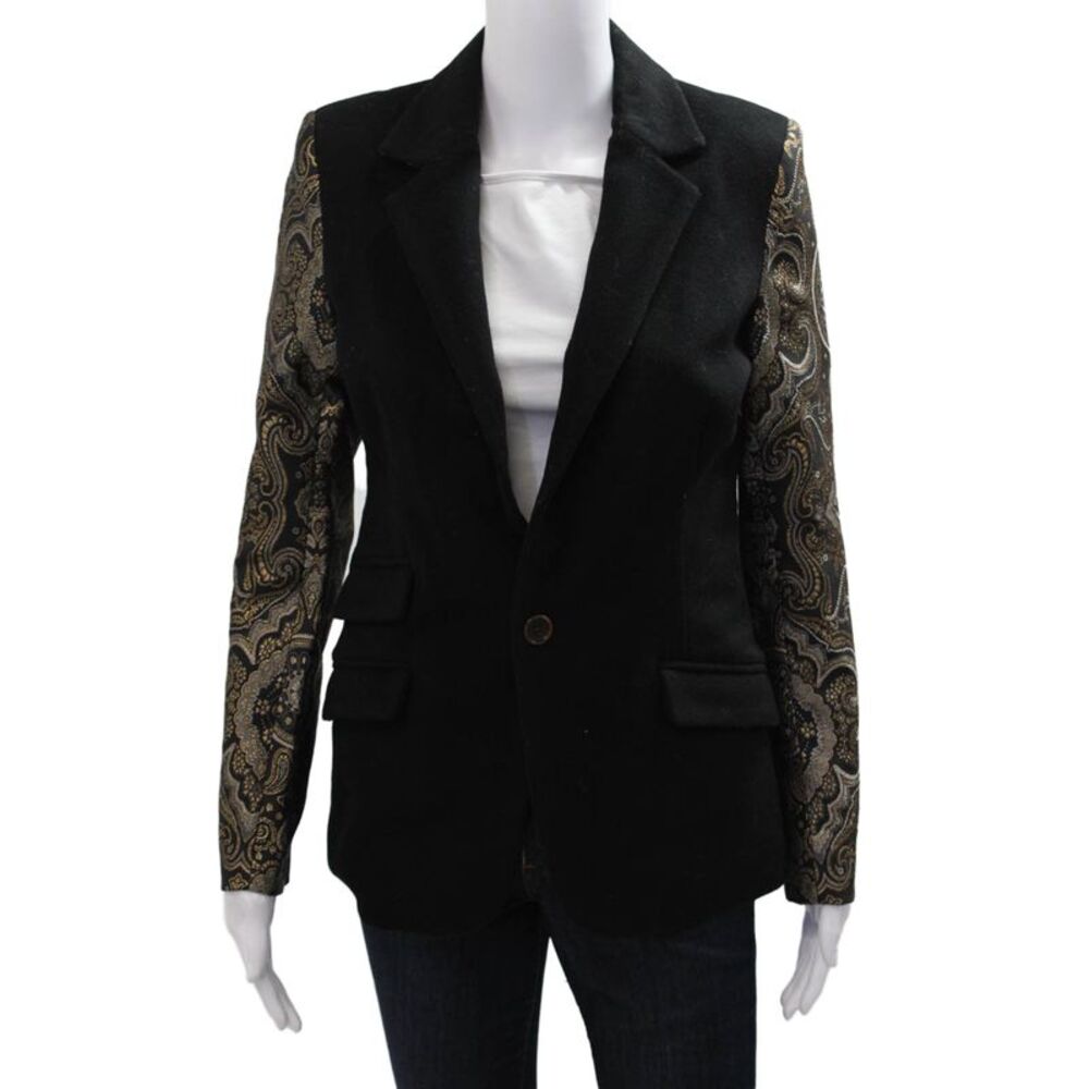 Laveer Women Black Paisley Wool Blazer Collared Button Long Sleeve Size 2